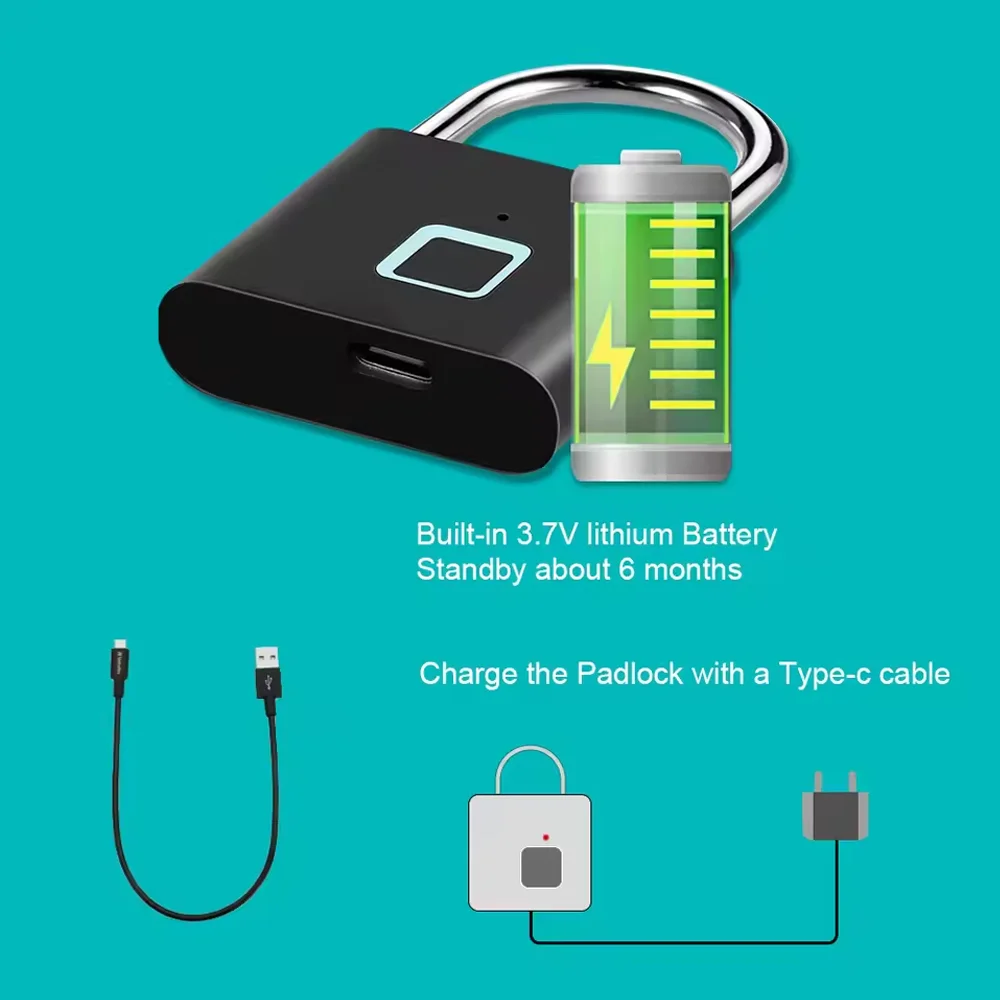 Fingerprint Padlock USB Rechargeable Outdoor Waterproof Keyless Portability Electronic Door Lock Zinc-alloy for Suitcase Cabinet