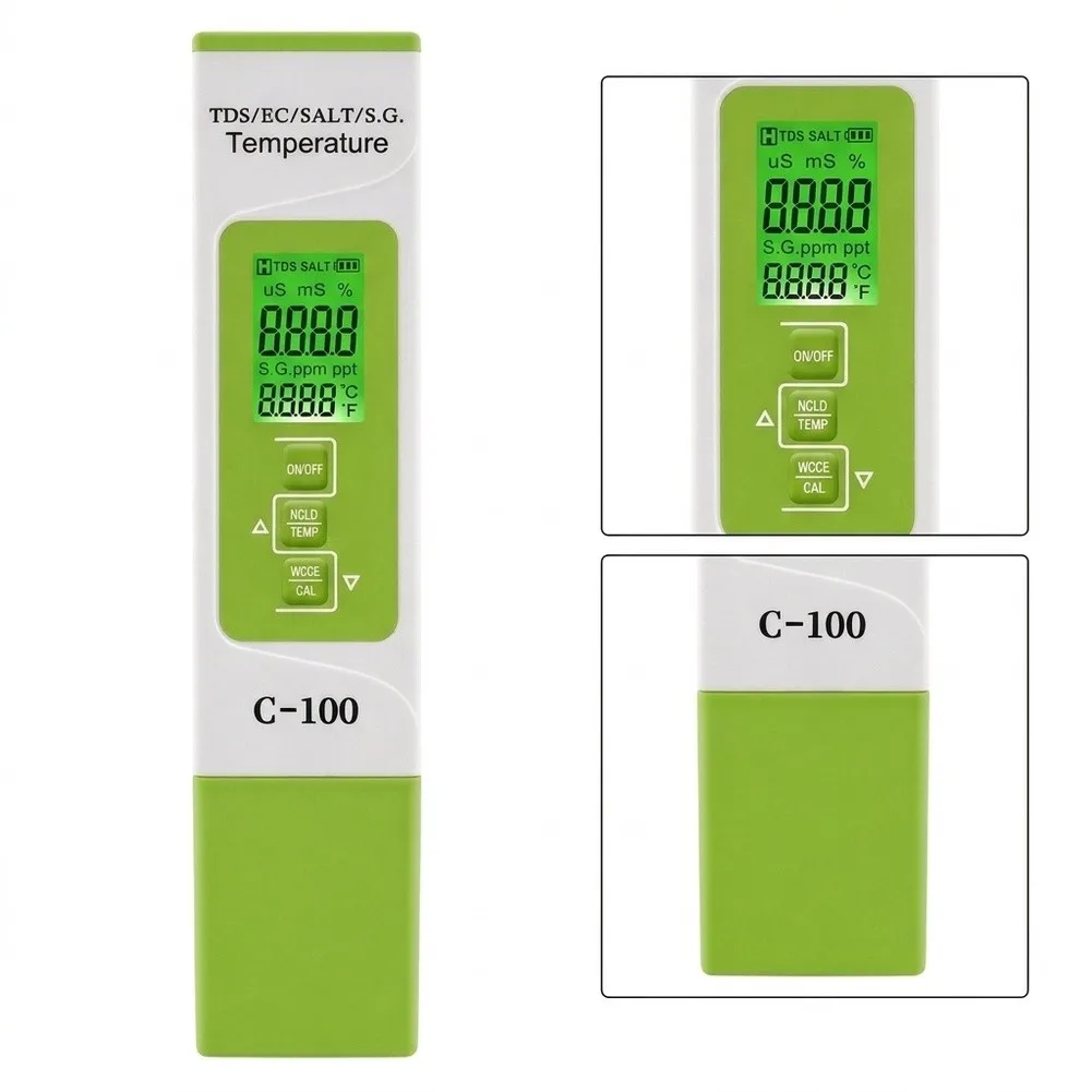 Green 5-in-1 Salinity Temperature Tester Pen With Backlight For Seawater Specific Gravity And Pool Water Quality Testing Tool