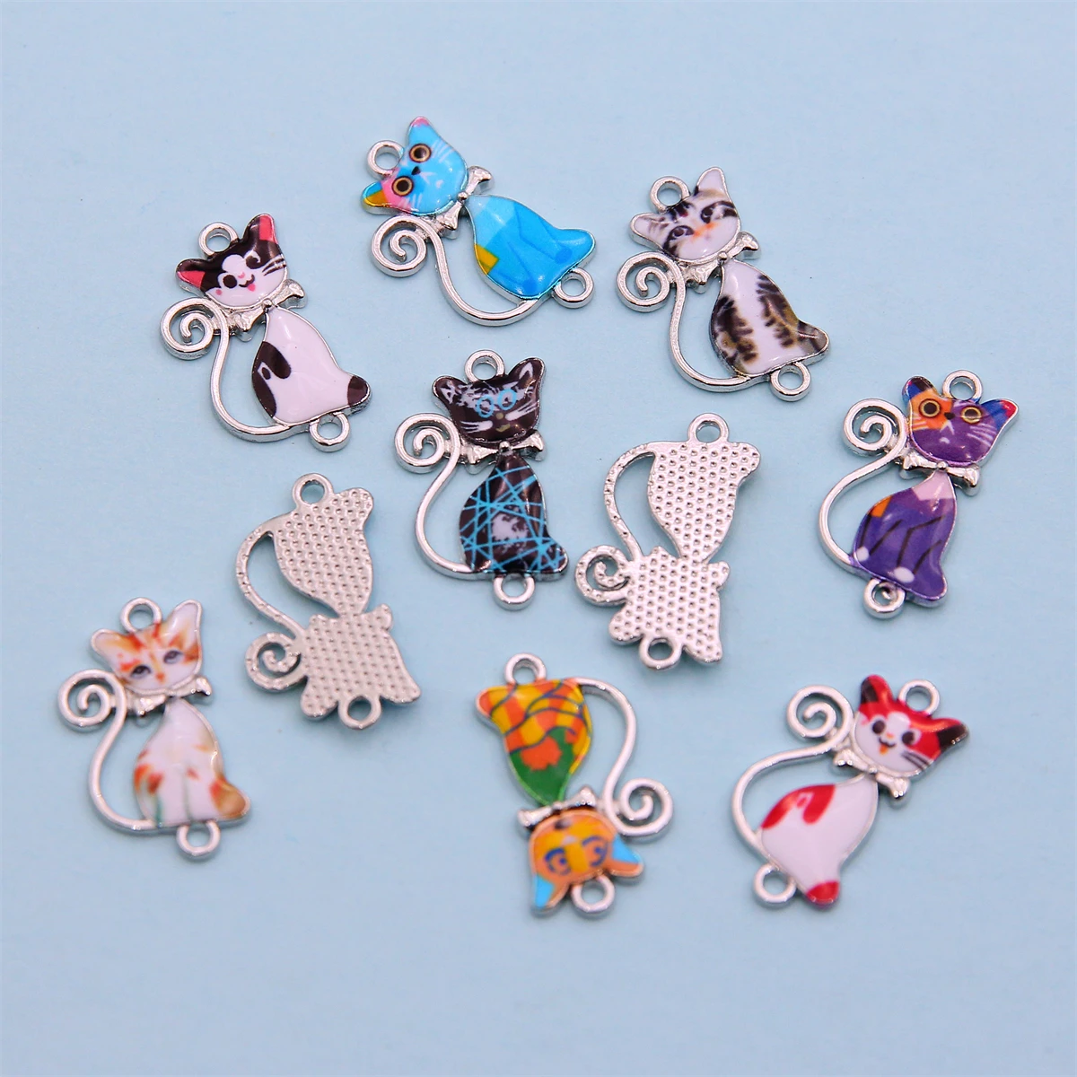 10pcs 25*15mm Mixed Color Cute Printed Cat Jewelry Alloy Connector DIY Cat Tag Earrings Pendant Enamel Pendant