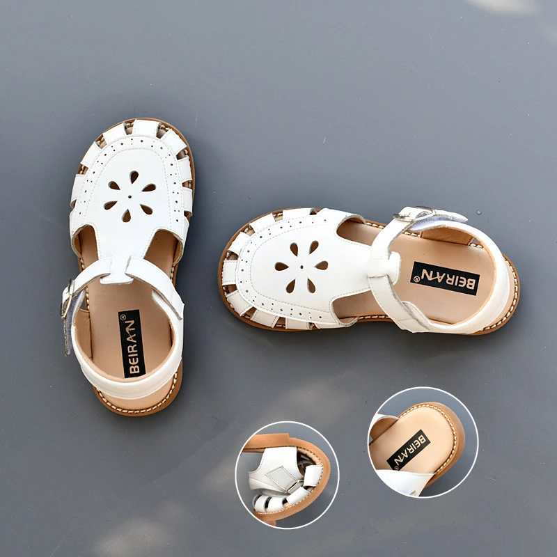 Genuine Leather Girls Fashion Sandals Close Toes Quick Dry Baby Boys Casual Sandals Summer Hollow Petals Kids Beach Shoes