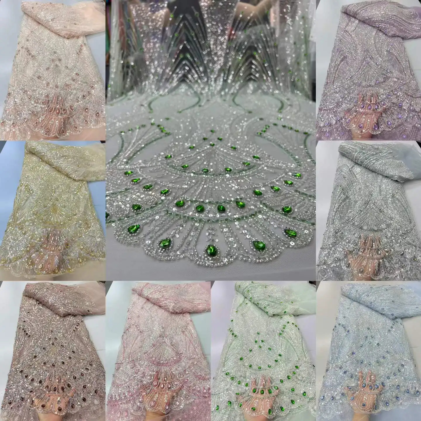 

2026 New Design Heavy Beaded Nigerian Lace Fabrics African Tulle Lace White Luxury Crystal Stones Beads Lace Fabrics For Wedding