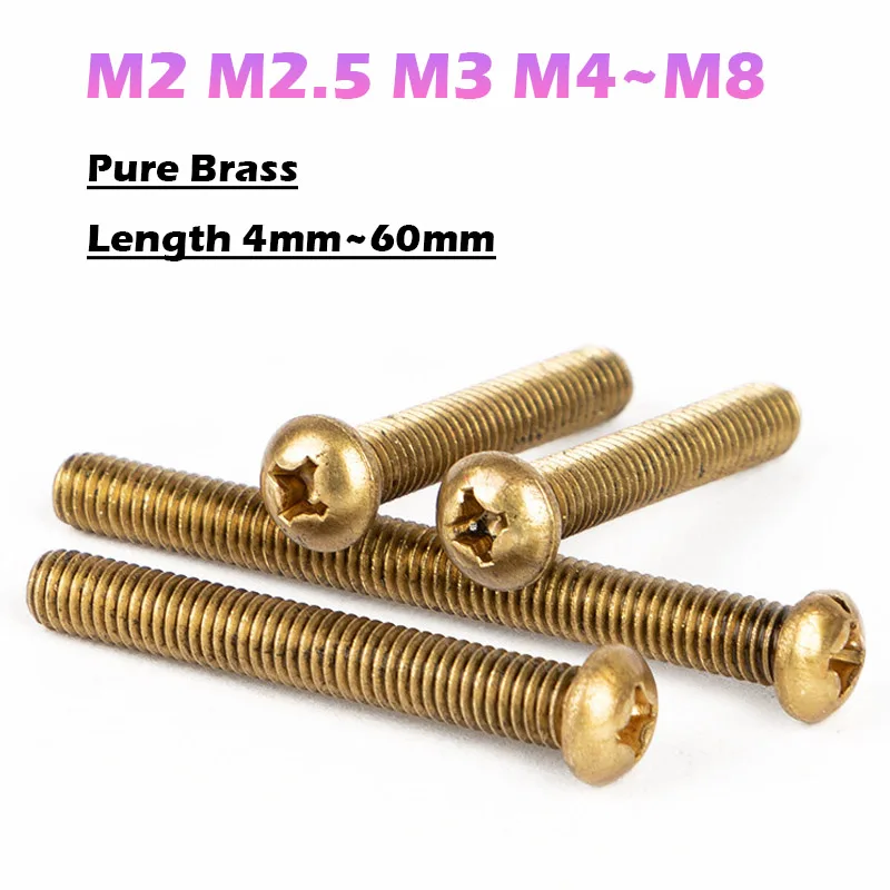 M2 M2.5 M3 M4 M5 M6 M8 Pure Brass Round Pan Head Cross Phillips Machine Screw for Machine Repairing Copper Screw Bolt L 4mm~60mm