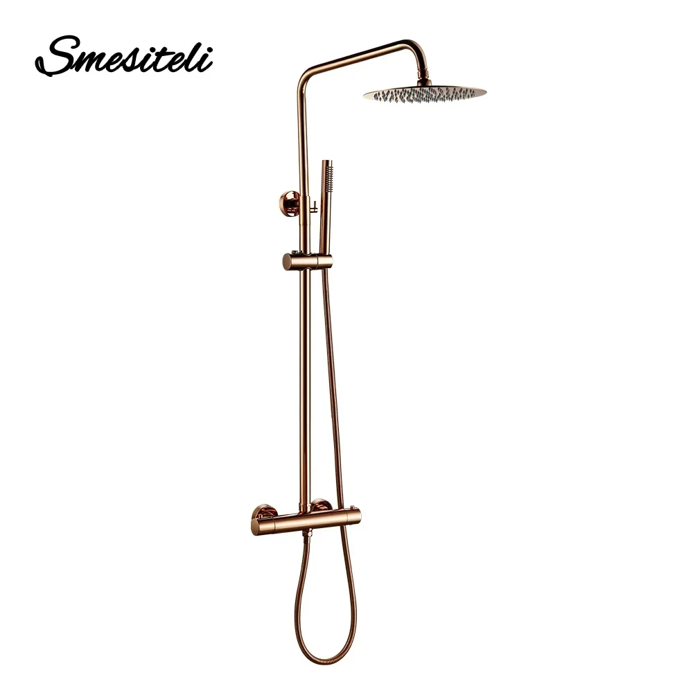 

Rose Gold Thermostatic Shower Falcet Sets Wall Mount Brass Bathroom Blend Rainshower Falcet Rainfall Shower Tap Thermostat Systems