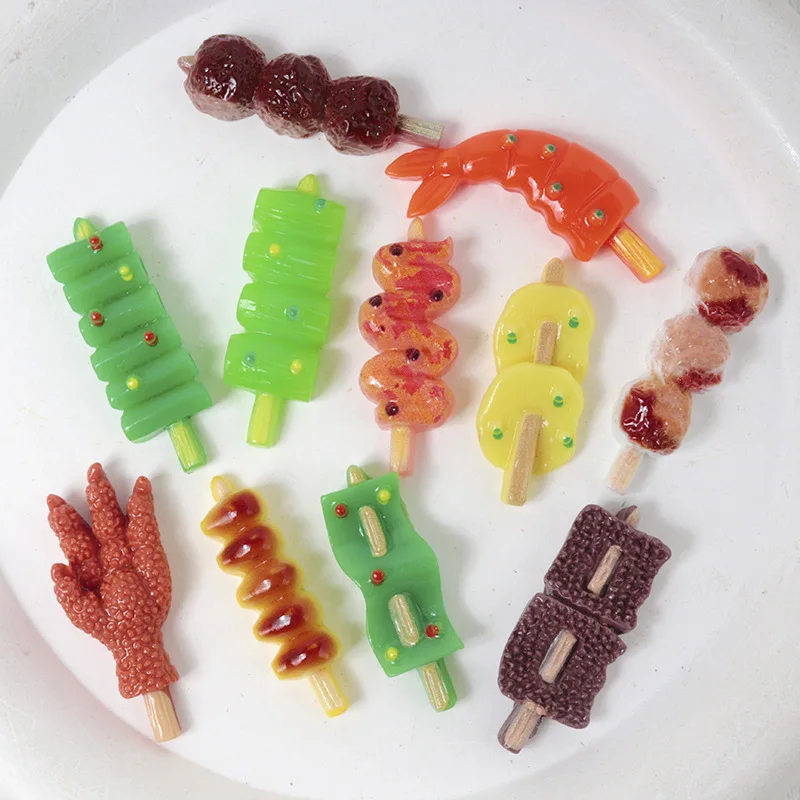 10pcs Resin BBQ Skewers Fun Food DIY Cut Book Hand Phone Case Crafts Patch Children's Hair Accessories Decorative Materials