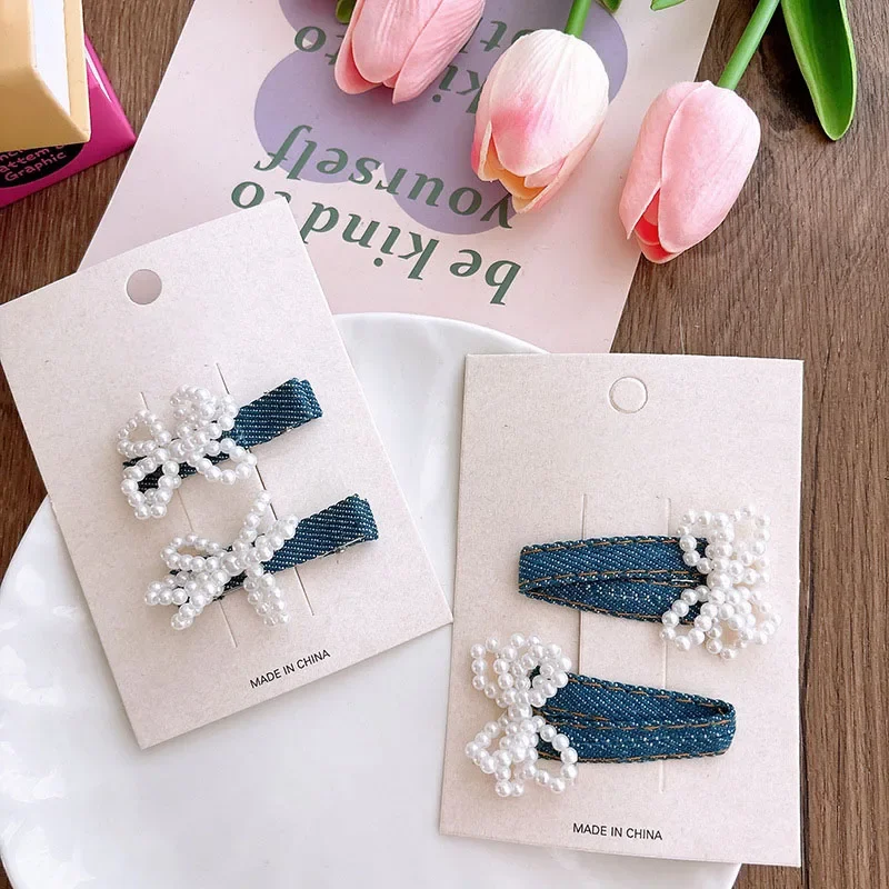 2 ชิ้นเกาหลีหวาน Denim ไข่มุก Bowknot Hairpins น่ารักเด็กผู้หญิงผมคลิป Bangs คลิปด้านข้าง BB Hairpins ผู้หญิงอุปกรณ์เสริมผม