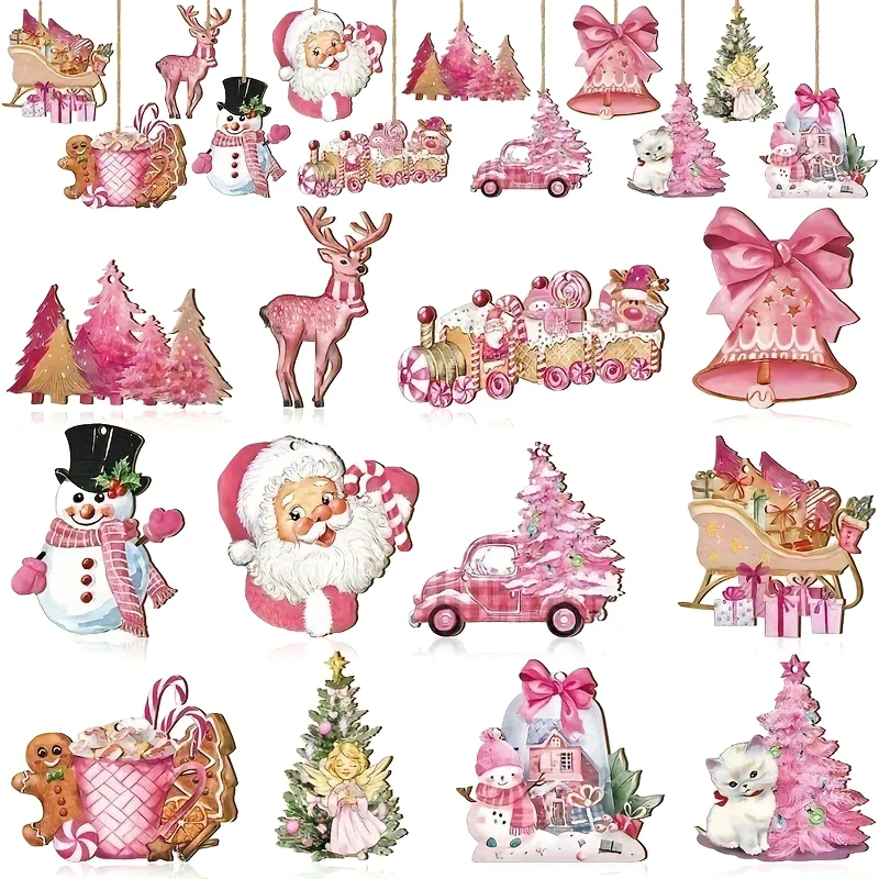 Christmas Pink Santa Claus Bells Snowman Garland Decor Set Christmas Tree Jungle Elk Thicker Wood Theme Party Gathering Holiday