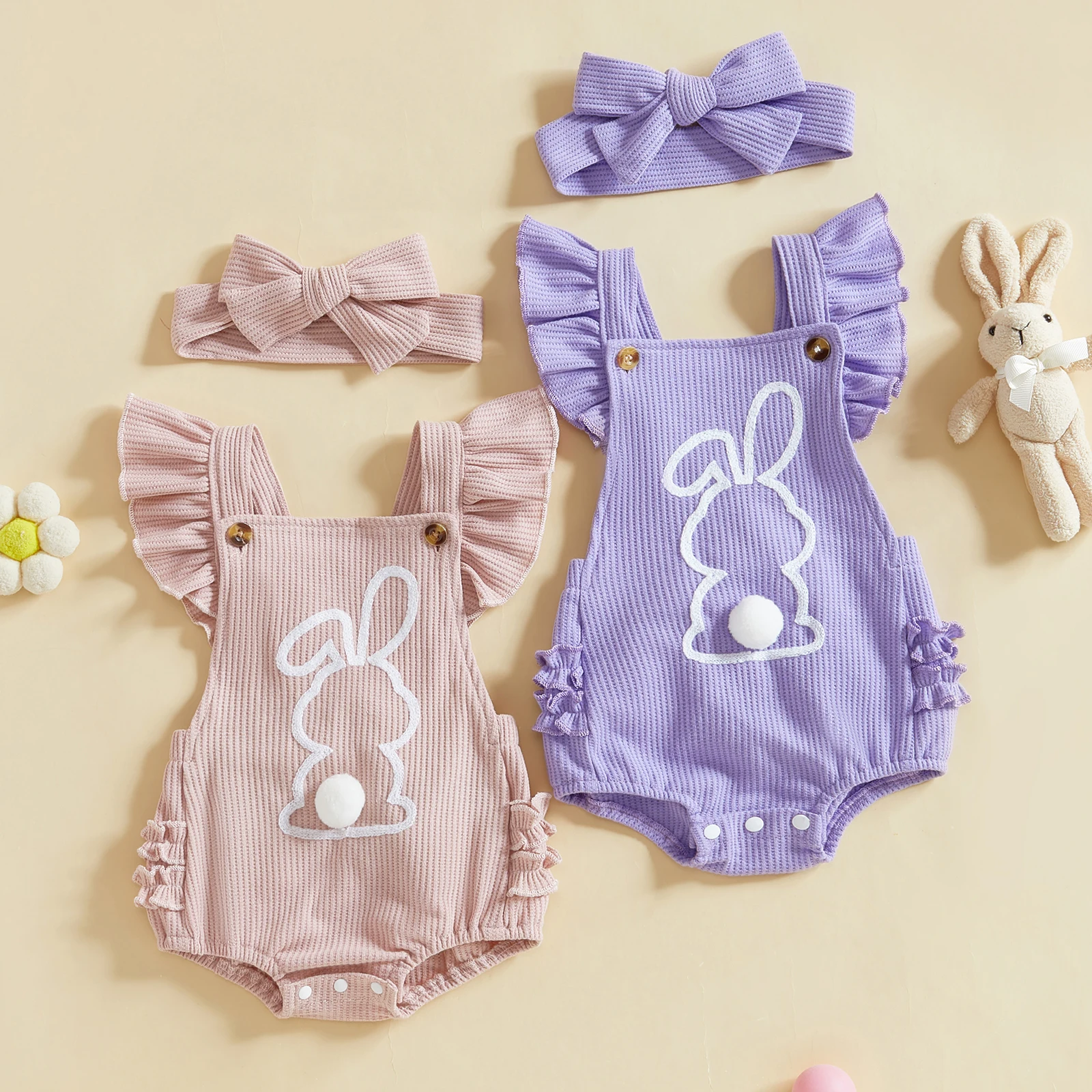 

Cute Baby Girls Rompers Easter Clothes Rabbit Print Fly Sleeve Infant Bunny Bodysuits Jumpsuits with Headband Costume