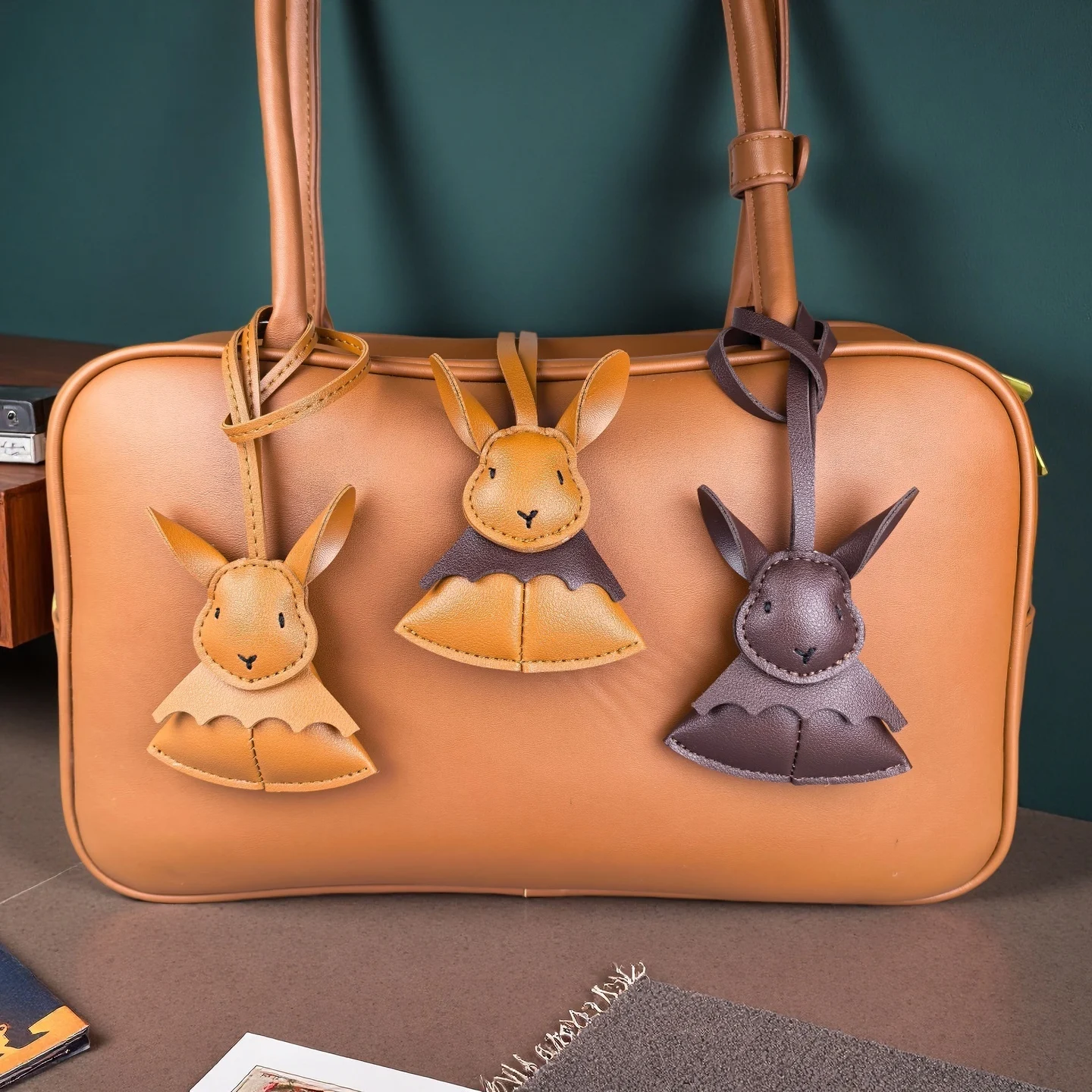 3D Floppy-Ear Bunny Keychain Bag Charm: Handmade Rabbit Pendant, Premium Thick PU Leather Rabbit in Dress, Cute Bag Charm Gift
