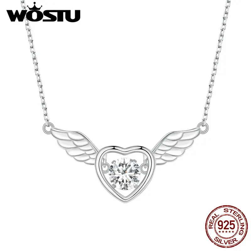 

WOSTU 925 Sterling Silver Angel Wings Heart Pendant Necklace For Woman White Crystal Charms Girl Neck Chain Minimalist Jewelry