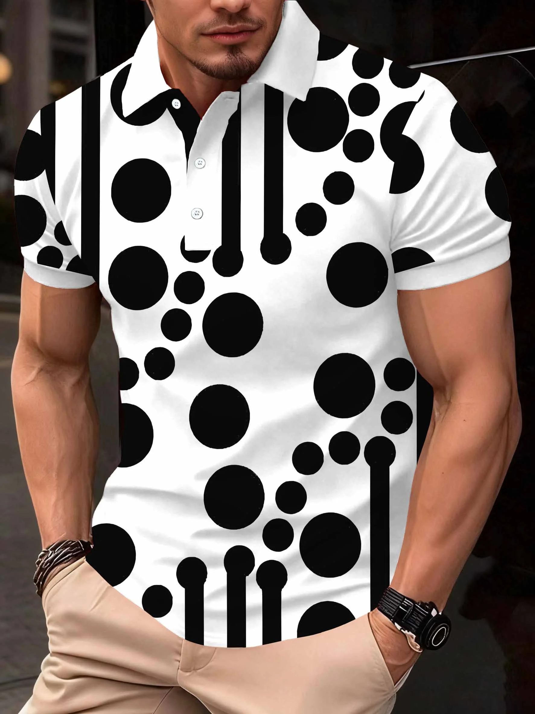 2026 Summer New Style Men's Short-Sleeved Polo Shirt with 3D Dots Pattern Print - Street Casual Fashion Style
