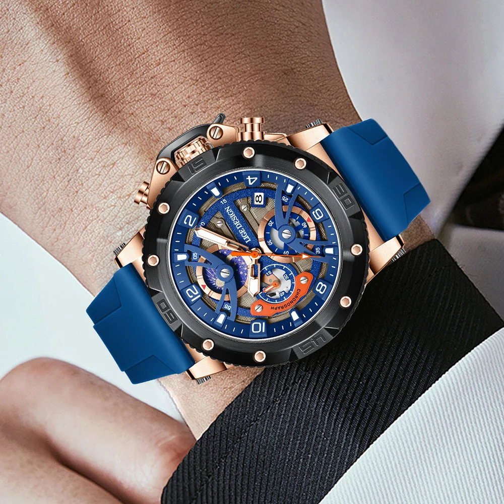 LIGE Man Watch Fashion Military Sport Date Quartz Watches Top Brand Luxury Silicone Strap Waterproof Chronograph Watches For Men