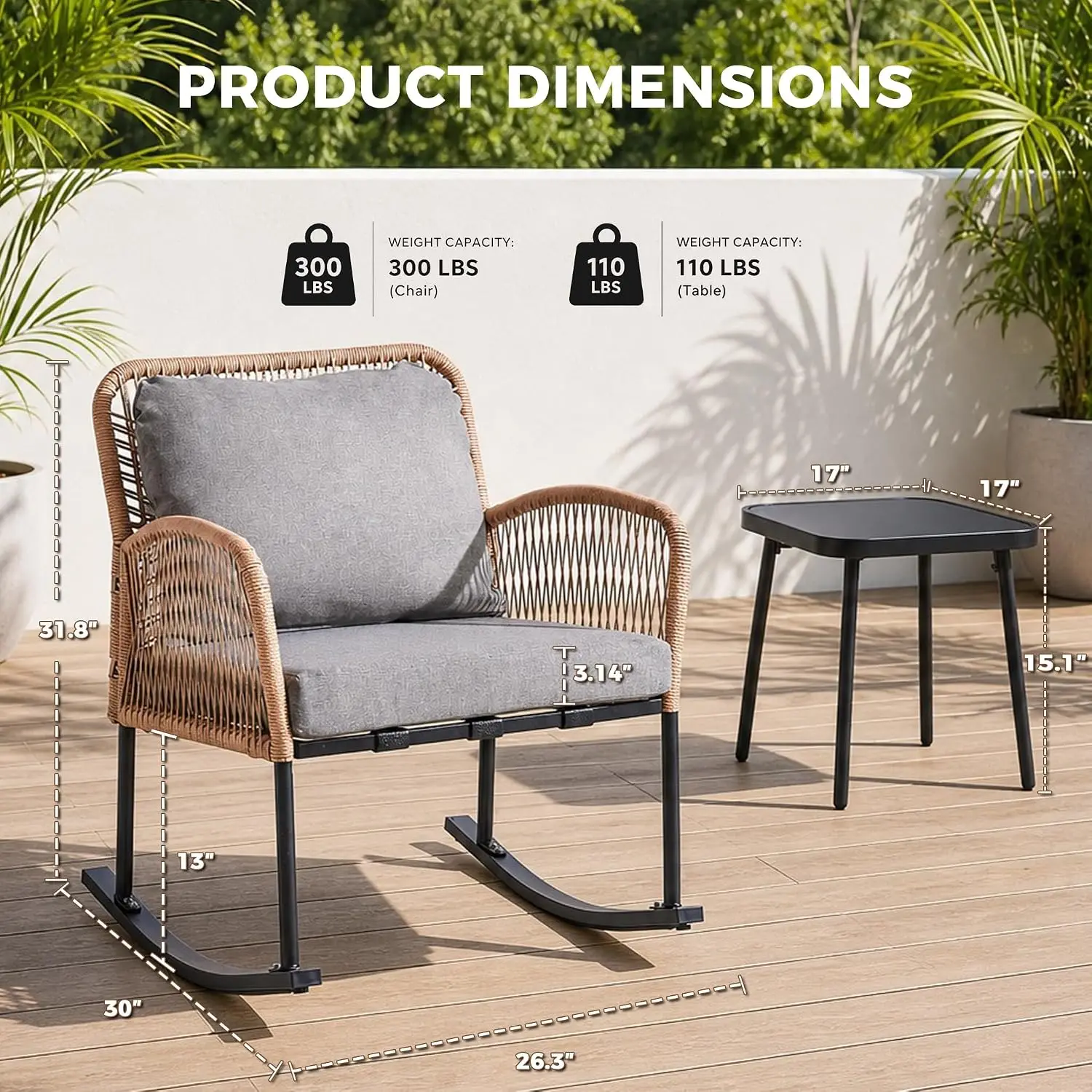 3-Piece Outdoor PE Wicker Rocking Bistro Set with Side Table for Porch Garden Backyard All-Weather Grey, Customized