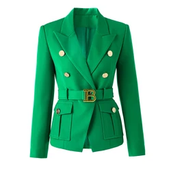 Blazer Femal solido doppiopetto semplice ed elegante tutto-fiammifero moda New Office Lady cappotti verdi con cintura