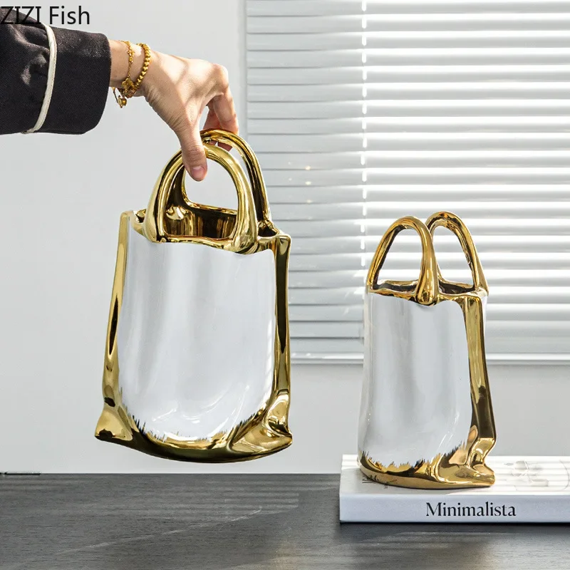 Creative Handbag Shape Vase Gold-plated Ceramic Plant Pot Table Decoration Flower Arrangement Flowers Vases Room Aesthetic Decor
