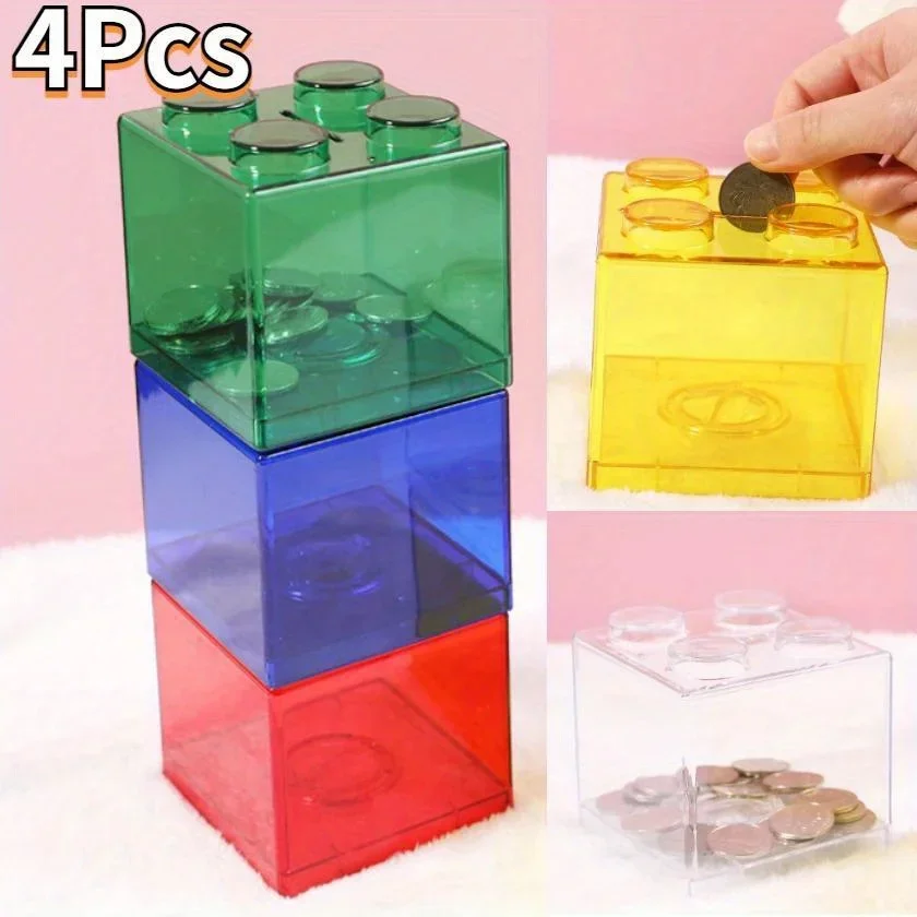 4 Clear Plastic Building Blocks Money Boxes, Coin Savings Boxes, Savings Jars, Coin Boxes, Money Boxes, Children's Toys Gifts