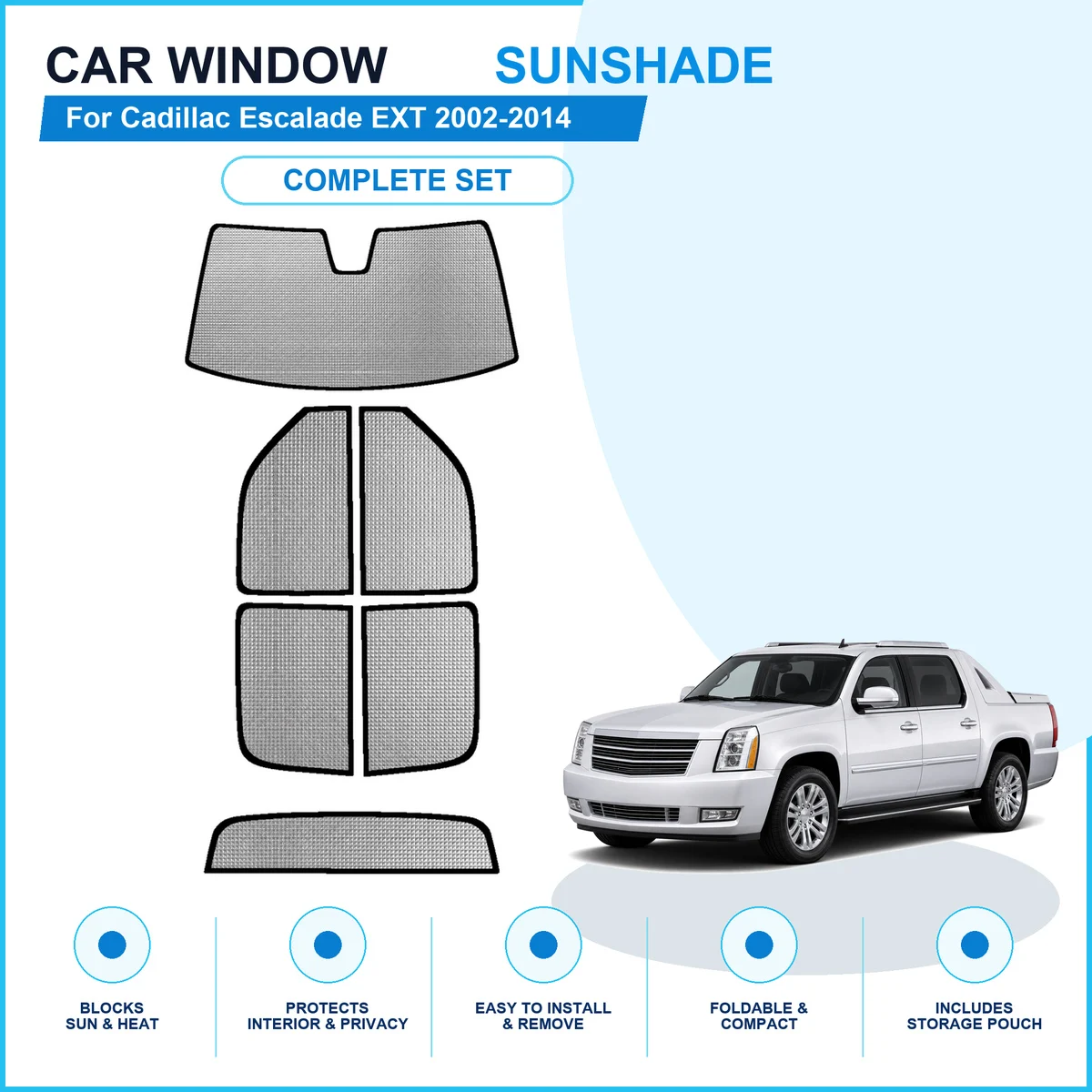 For Cadillac Escalade EXT 2002-2014 Custom Full Set Window Sunshades Aluminum Foil Suction Cup Anti UV Privacy