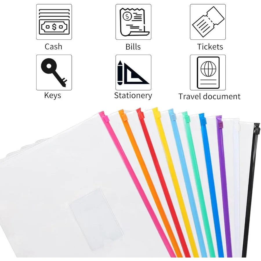 Buste in plastica da 24 pezzi Buste con cerniera in polietilene File con cerniera Folde formato A4 Lettera formato 10 Colo per la scuola, l'ufficio, il viaggio, il supporto
