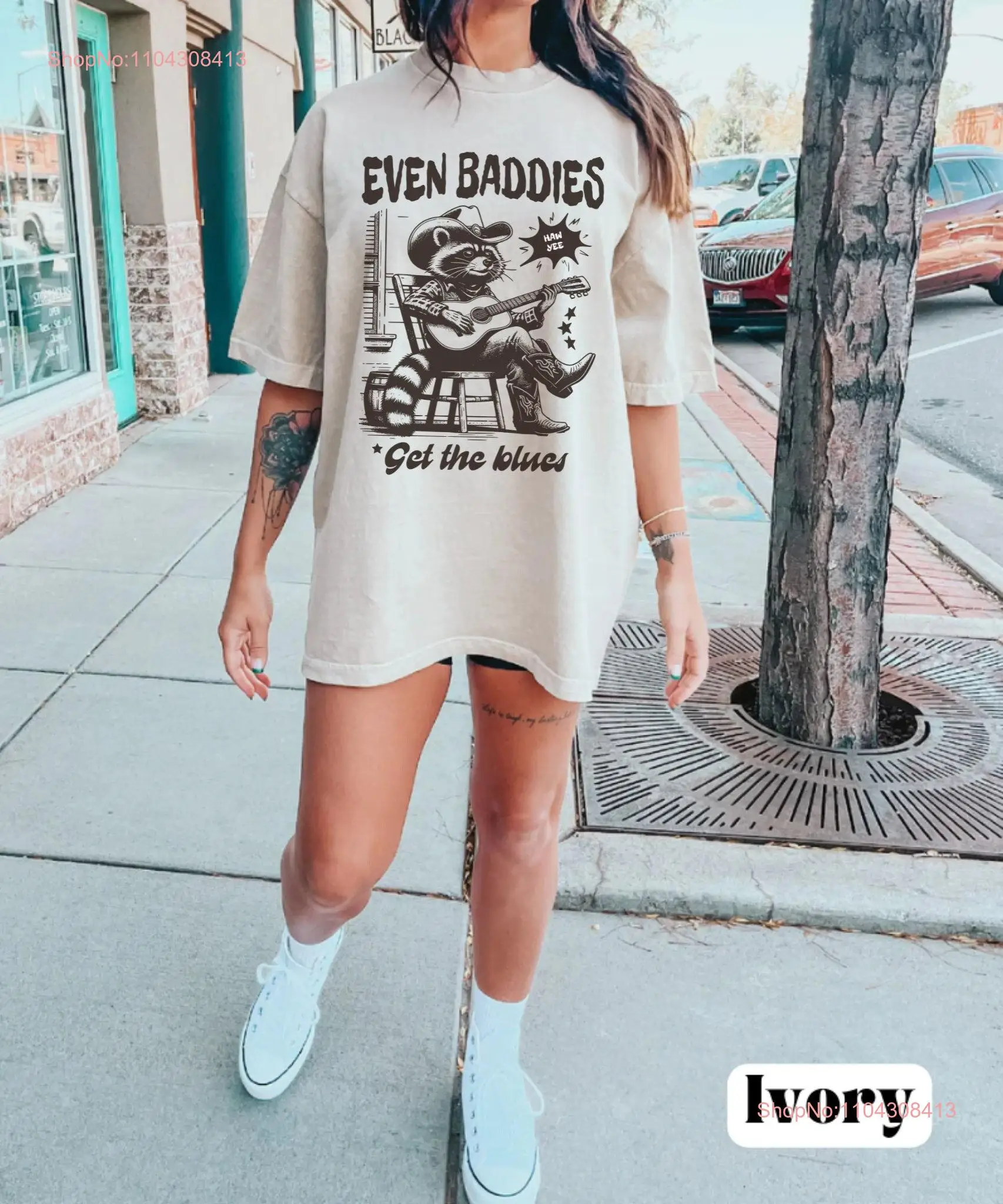 Western T Shirt Raccoon Even Baddies Get The Blues vintage wash tee oversized long or short sleeves