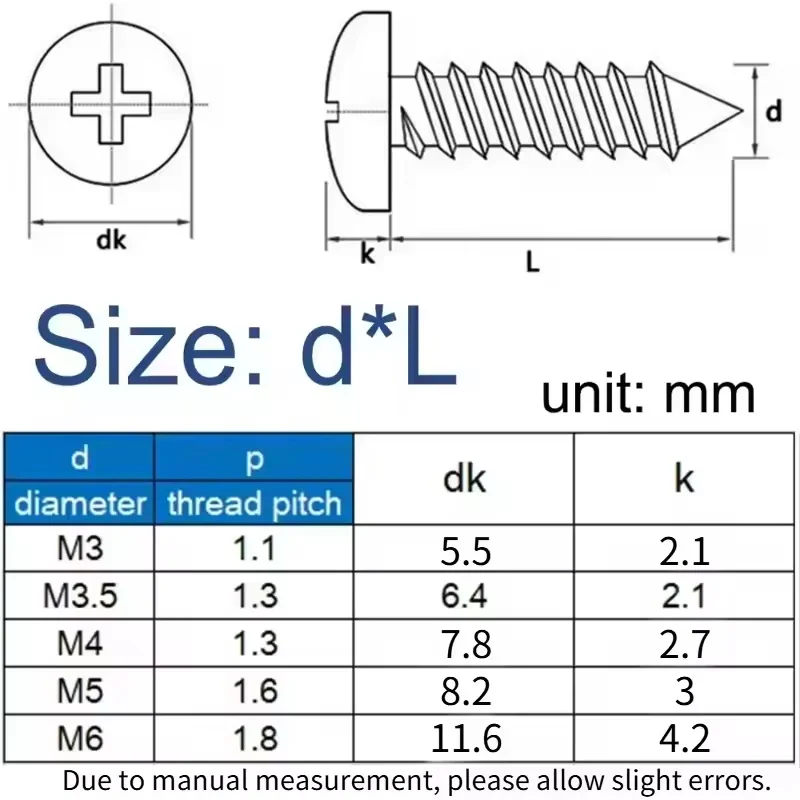 M3 ~ M6 TA2 Pure Titanium Cross Phillips Pan Round Head Self Tapping Screws Mushroom Head Wood Screw Length 6~30 mm
