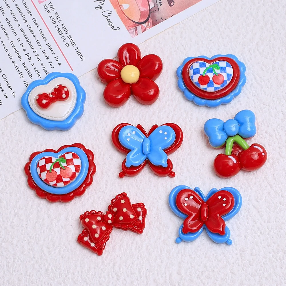 10/20Pcs Cartoon Blue Red Flower Bowknot Heart Flatback Resin Hairpin Earrings Jewelry Accessories DIY Patch Crafts Material