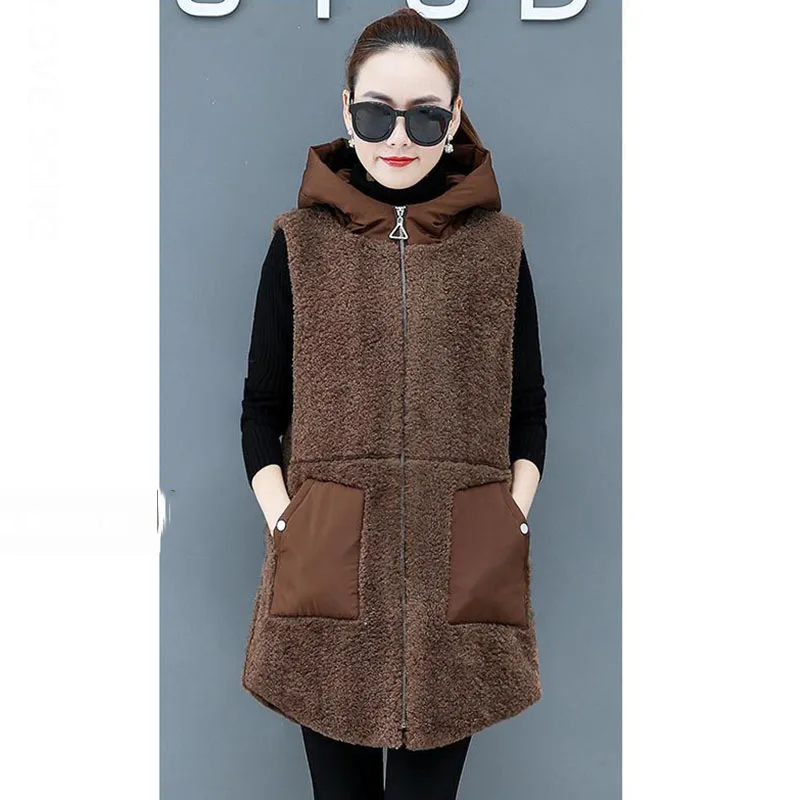 Large Size Women's Vest Winter Hooded Loose Lambswool Windbreaker Sleeveless Coat Thicken Cotton Padded Waistcoat Vest Jacket