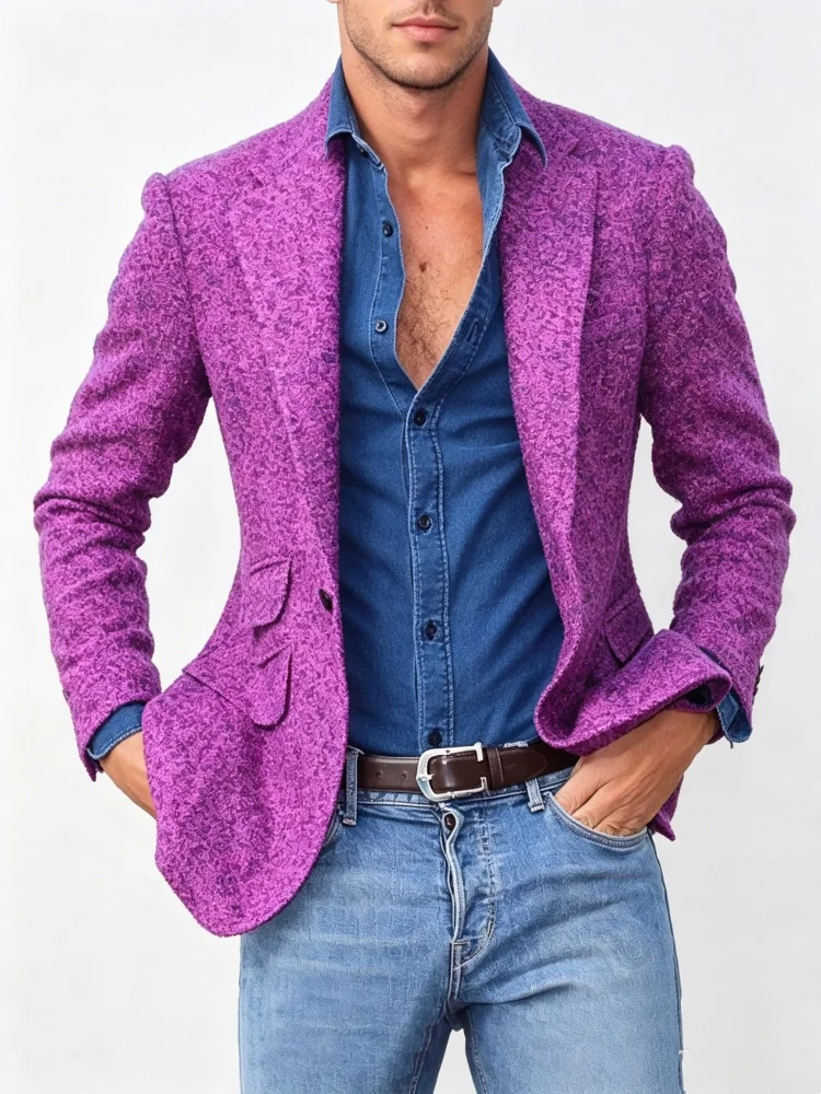 Mens Slim Fit Burgundy Tweed Single Breasted Suit Jacket Vintage Business Casual Blazer