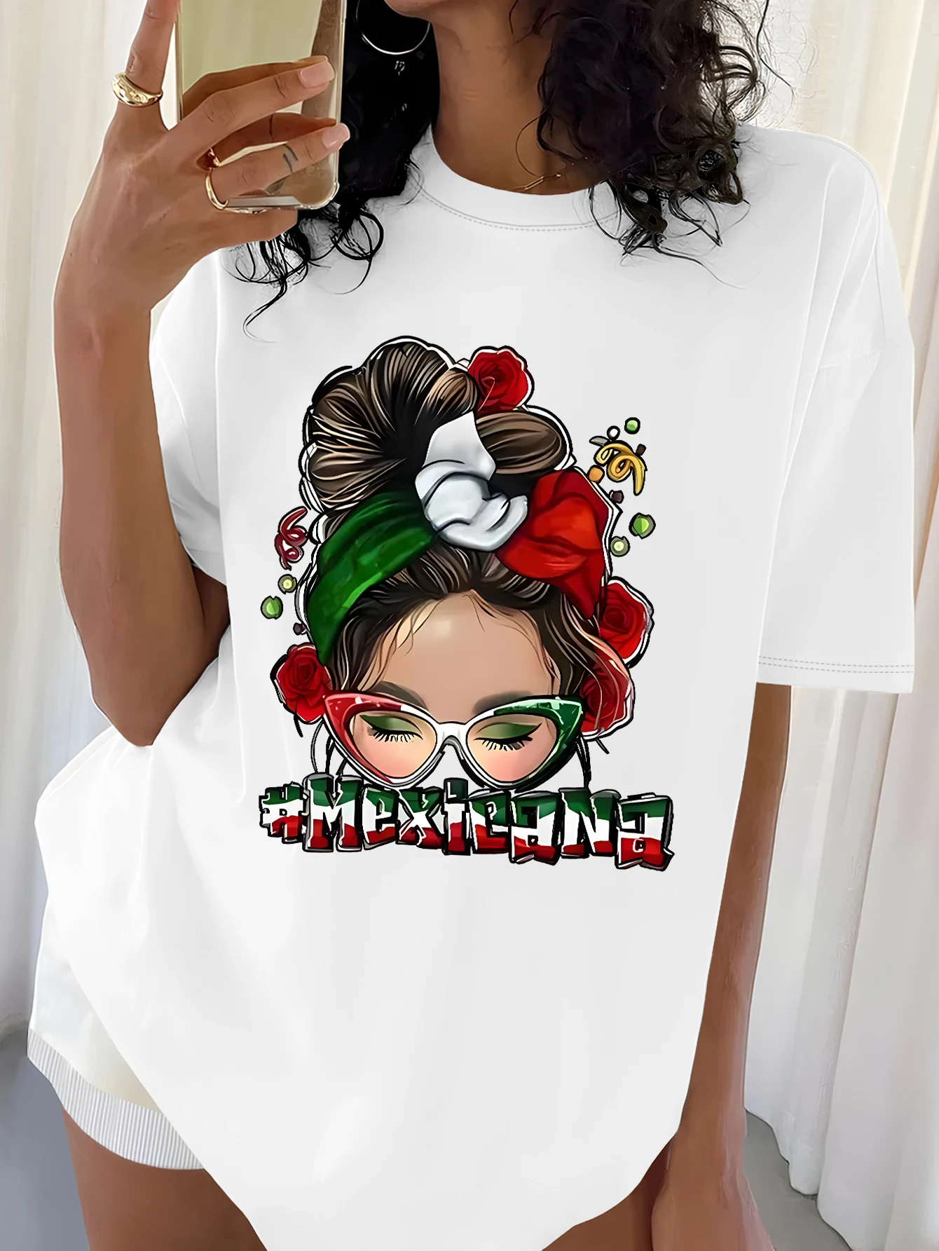 تي شيرت نسائي أبيض بأكمام قصيرة تي شيرت مكسيكانا ثقافي جرافيك عصري أنيق غير رسمي جرافيك تي شيرت نسائي صيفي Y2K