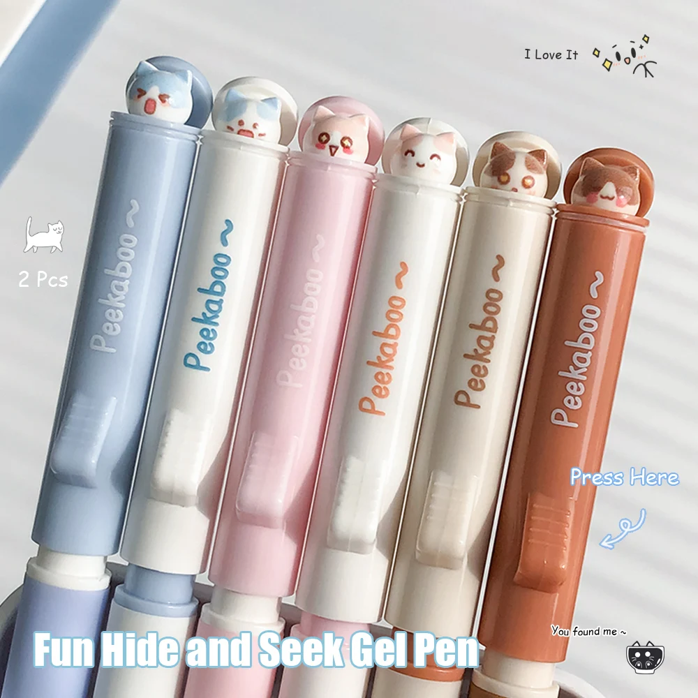 2 Fun Animal Gel Pens 0.5mm Flip Cover Design Cute Quick-Drying Pen Minimalist Style Learning & Office Black Pen Kitten Piggy