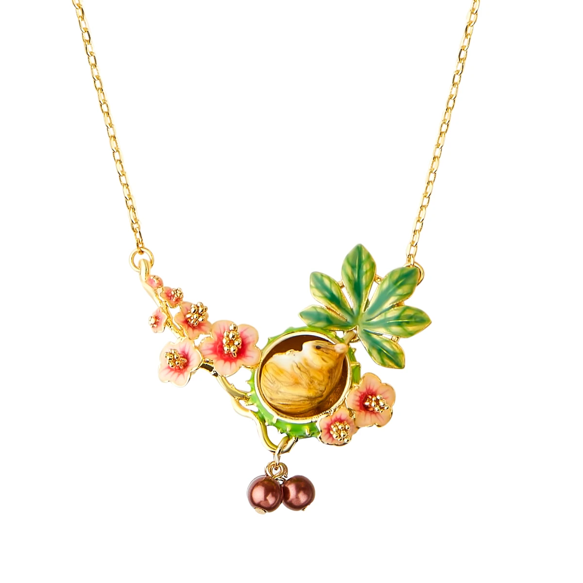 

18K Cute Mouse with Enamel Pastoral Style Red Fruit Pink Flowers Small Vole Pendant Necklace