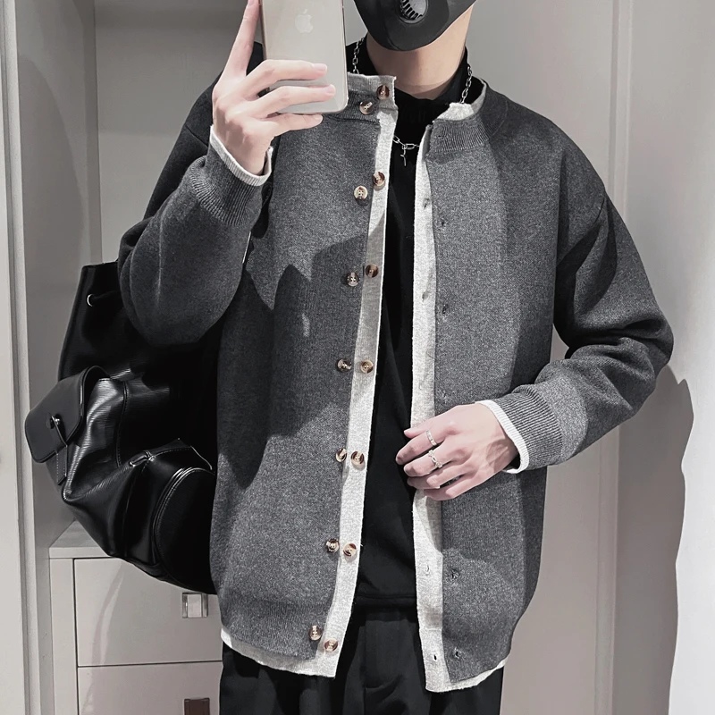 

2025 Spring Cardigan Knitted Sweater Men Fashion Fake Two Knitwear Tops Casual Business Versatile Jacket Men Clothing