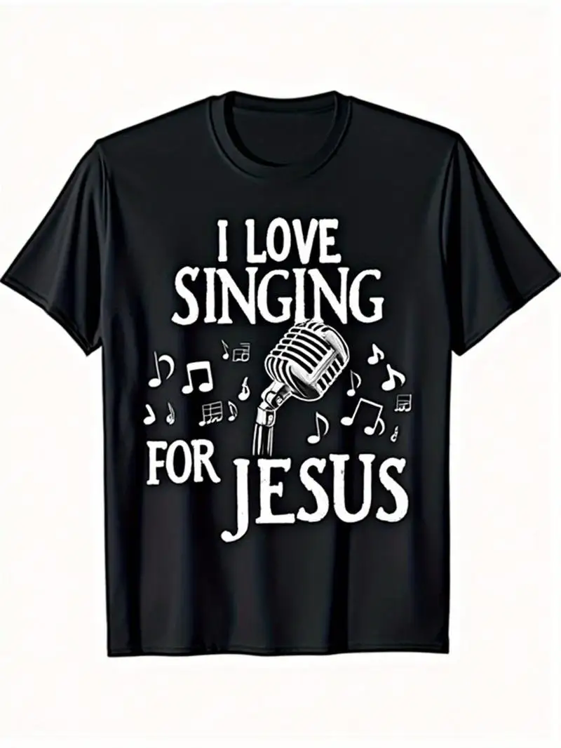 Men's Religious Christian Worship T-Shirt - Soft Breathable Tee With I Love Singing For Jesus Design And Musical Notes Graphic