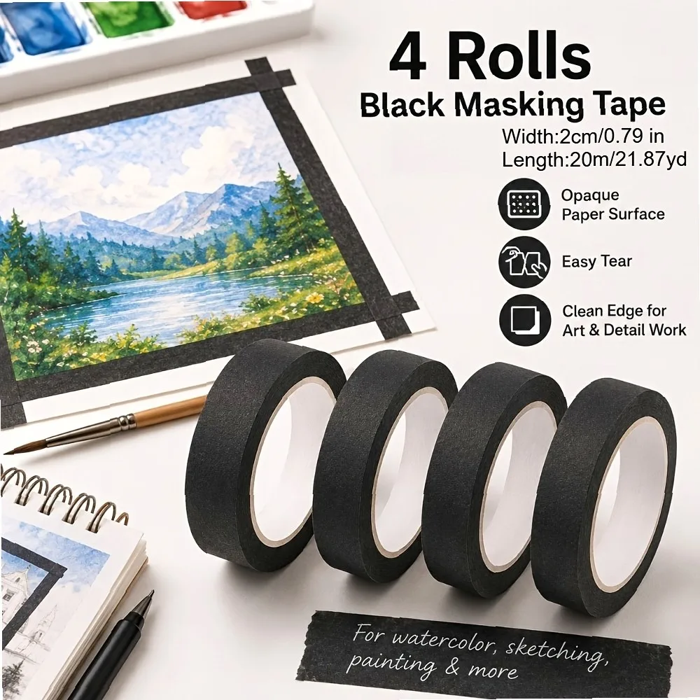 Black Art Masking Tape 4 Rolls 2cmx20m (0.79in x 21.87yd) Low Residue, Writeable Watercolor Painting Model Spraying