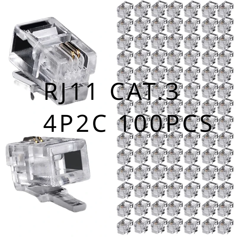 Modular Cable Cabeça Plug, banhado a ouro pressionado Telefone, Crystal Cabeça, Cat3 RJ11, Cat.3-4P2C, 100 peças