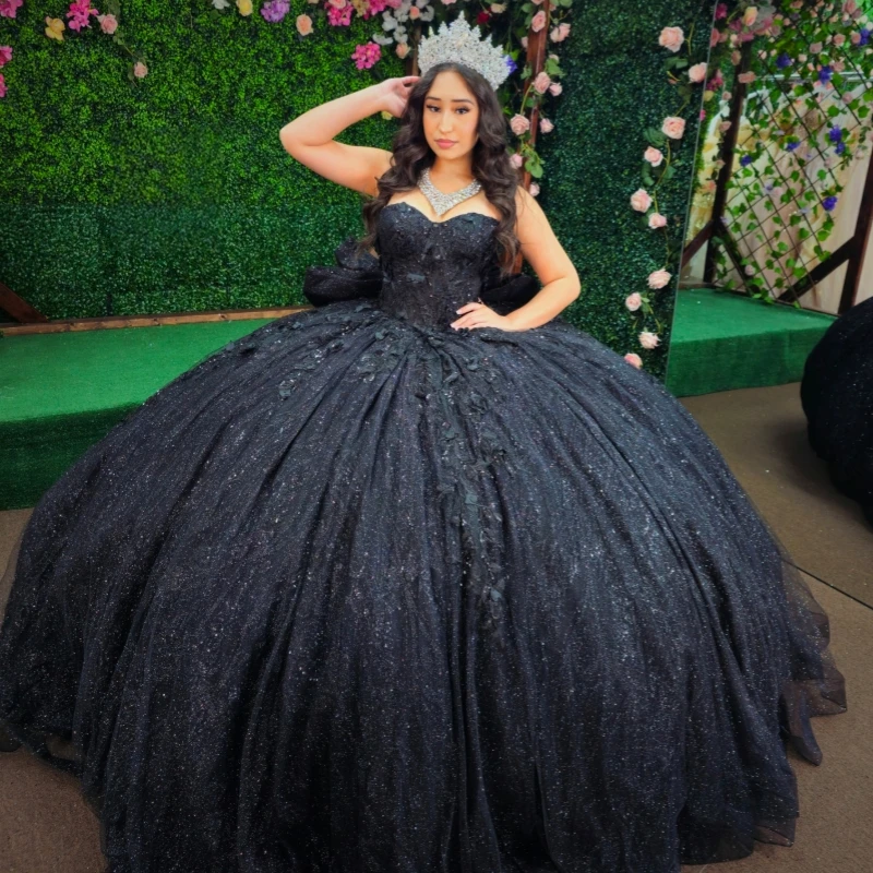 

Black Shiny Quinceanera Dresses Off The Shoulder Applique Lace Beading Crystal Bow Tull Corset Party Birthday Sweet 16 Dress