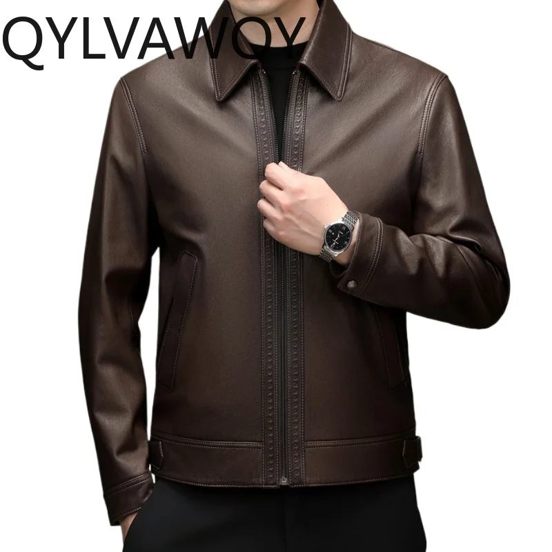 QYLVAWOY Goatskin Real Leather Jacket Men Business Casual Short Coats for Man Fashionable Lapel Warm Jackets High Quality 가죽자켓