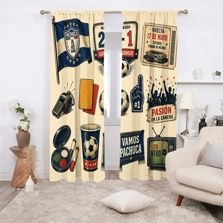 2PCS Curtains, Vintage Pachuca Football Element Print Including Team Flag, Match Score, Game Ticket, Soccer Ball, Referee Whistl
