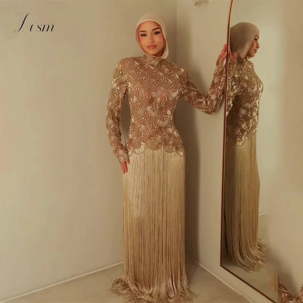 Luv Luxury High Neck Long Sleeves Evening Dresses Beaded Fringe Straight Special Occasion Gown Vestidos Prom Dress Customized