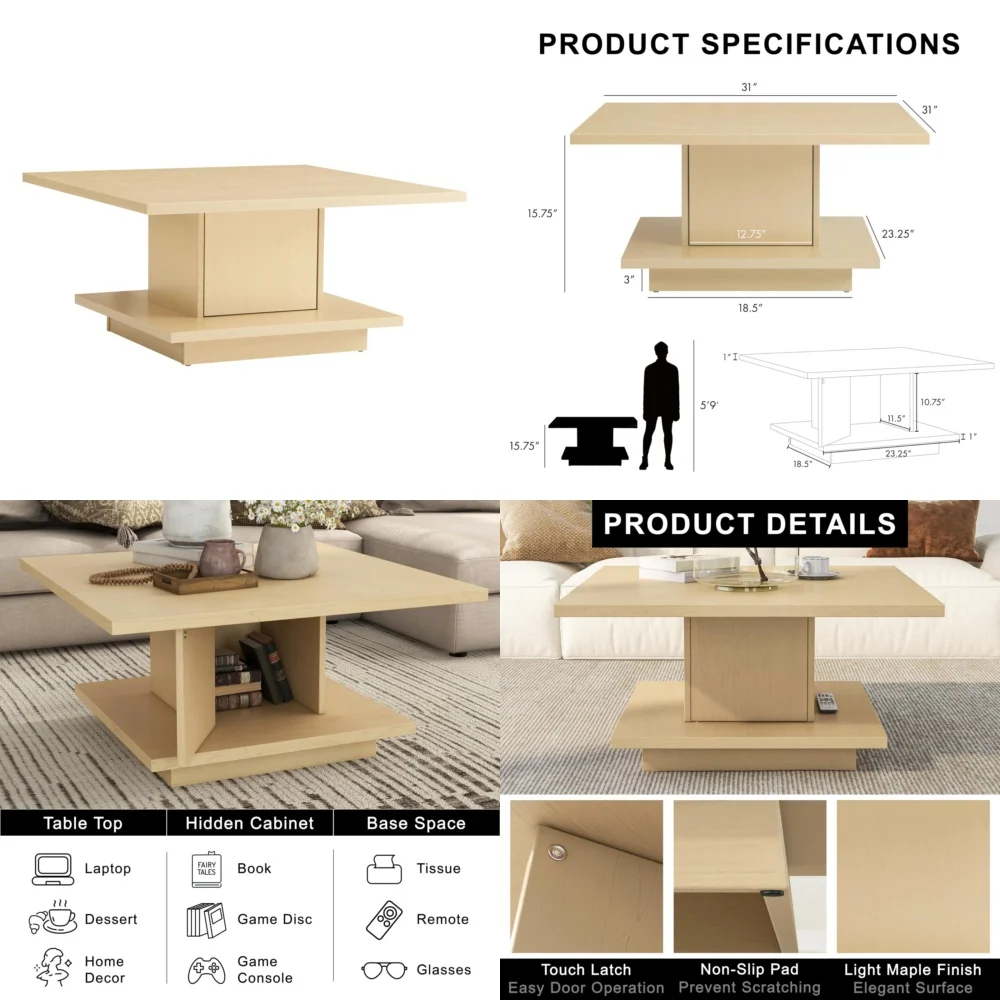 Café Tables31 Inch Square Coffee Table with Hidden Storage and Open Base Shelf Modern Design for Living Room