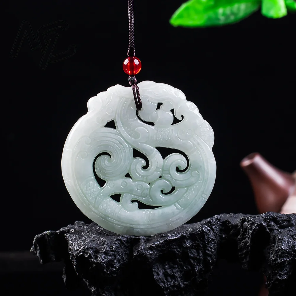 

Real Natural White Jadeite Hollow Double-sided Dragon Pendant Necklace Carved Charm Jewelry Fashion Amulet Gifts for Men Women