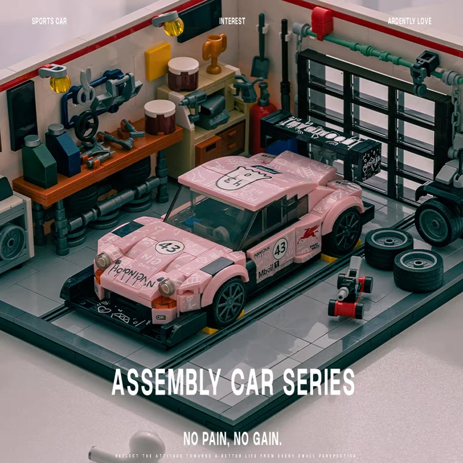 

MOC City Technical Pink Pig Sports Car Garage Scene Building Blocks Speed Racing Vehicle Assembly Bricks Toys Kids Adults Gifts