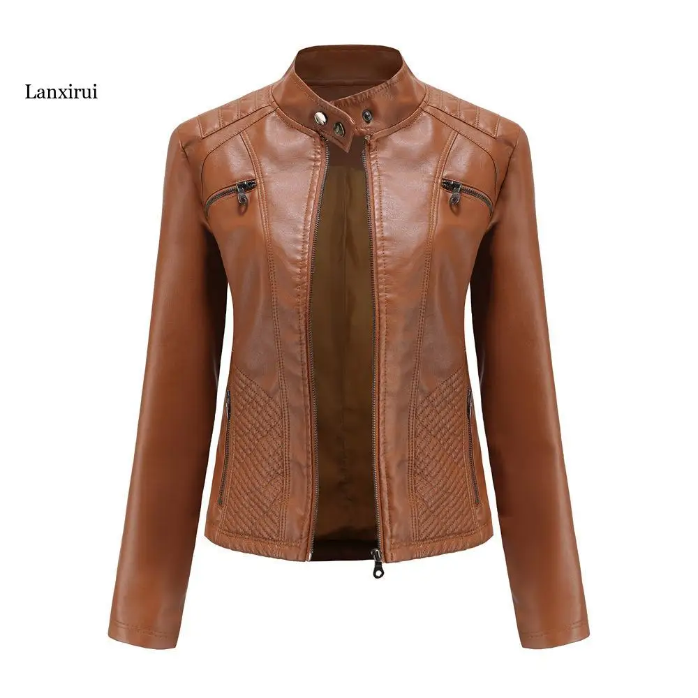 

Spring Autumn New Women's Casual Faux Leather Coat Slim-Fit Stand Collar Zip-Up Bomber Jacket