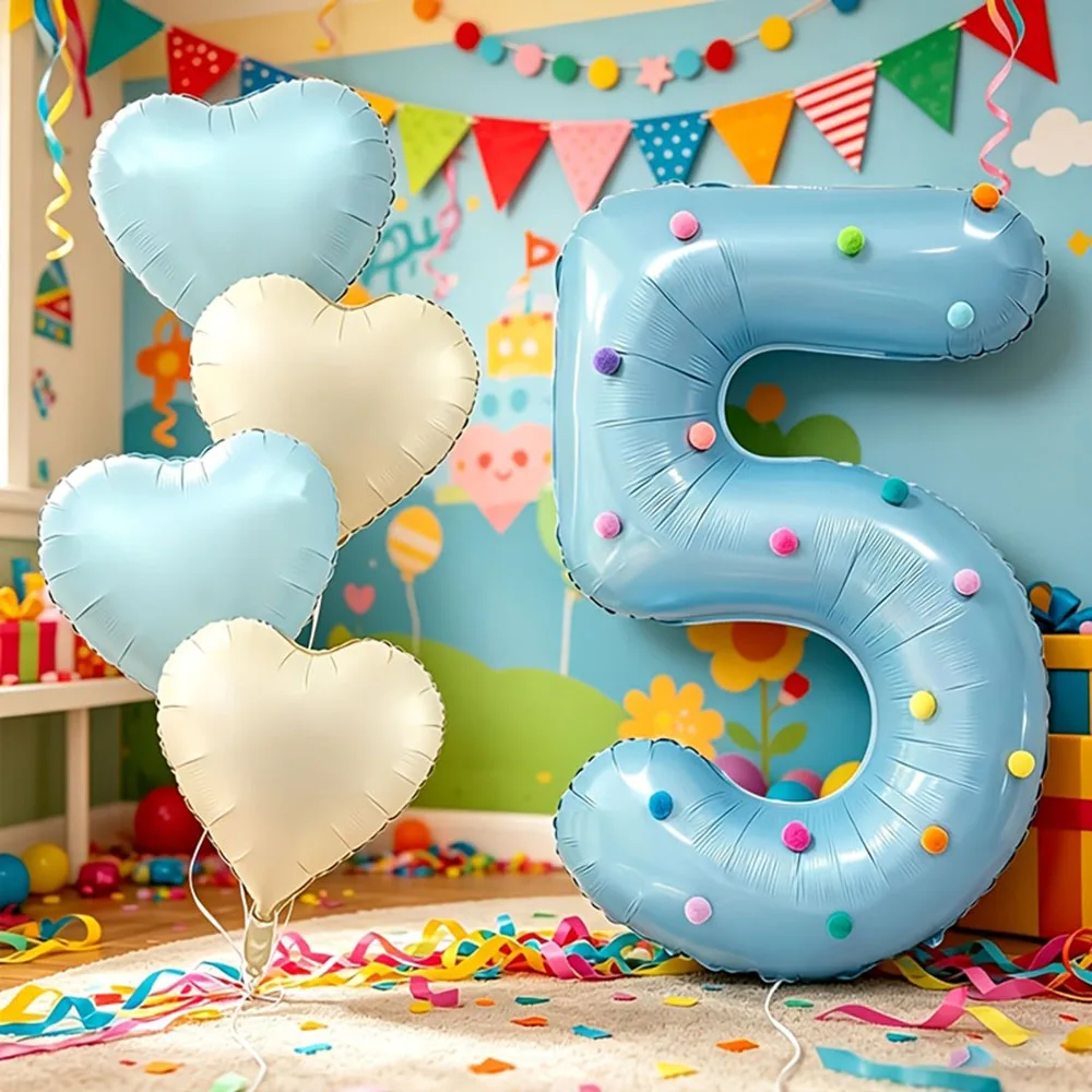 1Set Cream Blue Heart Shape Balloon 40In Blue Number Foil Balloons 0-9 with plush ball for Birthday Party Anniversary Decor Gift