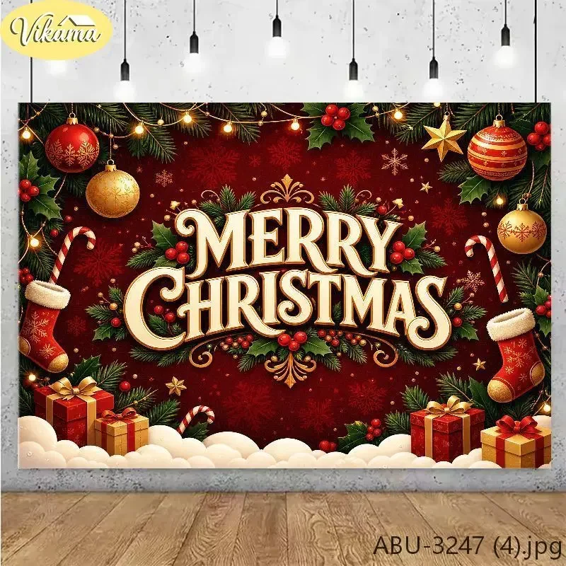 VIKAMA Photography Background Christmas Red Gold Christmas Greeting Backdrop for Party Birthday Photo Booth Home Decor