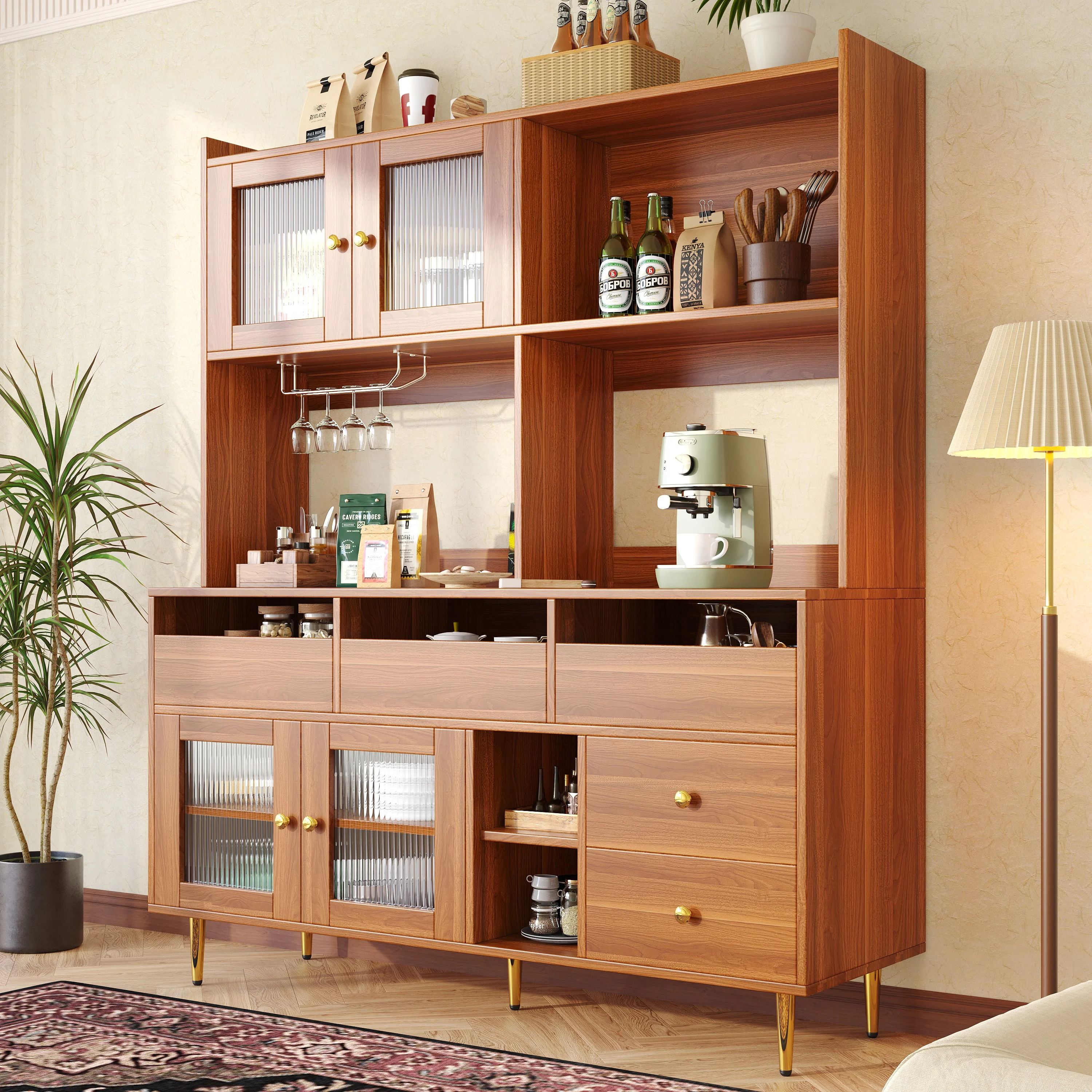 Buffet haut avec portes et étagères réglables, meuble de rangement en MDF et métal 145x39x171 cm, naturel