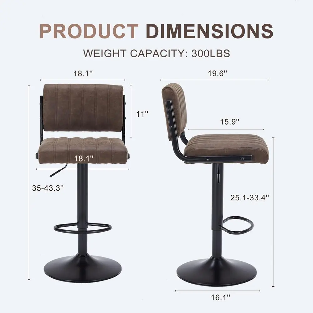 Juego de 2 taburetes de bar giratorios de cuero PU: sillas tapizadas de altura de mostrador con asiento ajustable y base duradera para cocina o ba