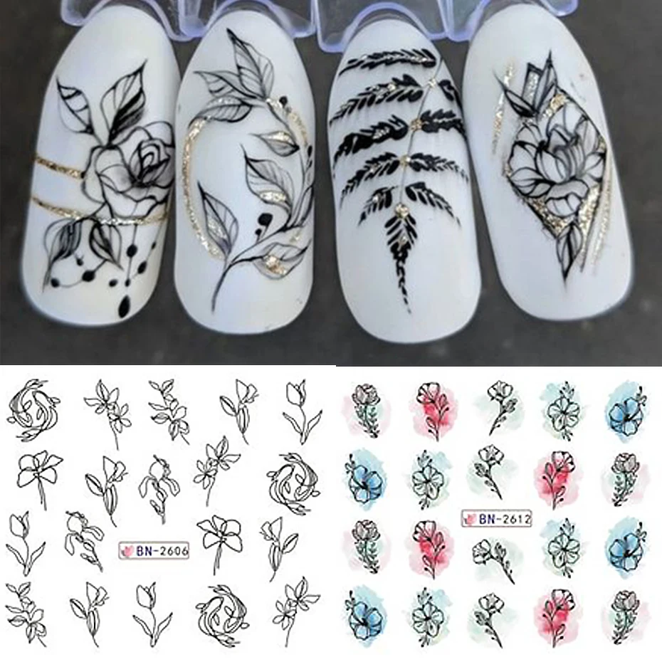 12 PCs Ink Flowers Nail Art Sticker Summer Water Decal Blooming Flowers Leaves Graffiti Slider Nail Decoration Foils Tattoo