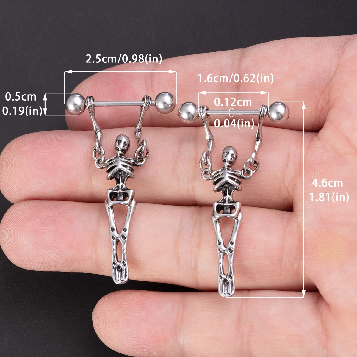 2pcs Stainless Steel Skeleton Shape Pendant Earring Nipple Ring Hip Hop Style Halloween Decoration