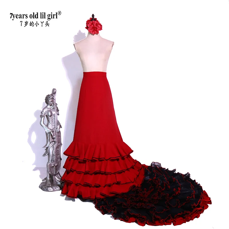 Falda Bata de Flamenco españollilgirl de 7 años con abrigo de cola y lata interior para disfraces de actuación de mujer CWQ40