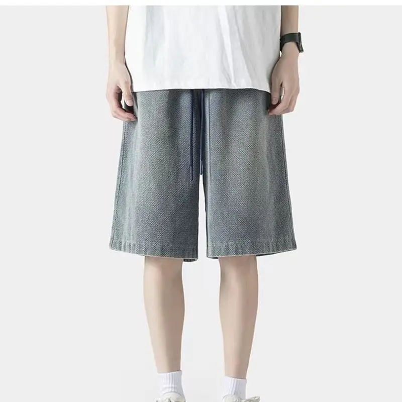 Summer Vintage Star Print Straight Denim Shorts Men's Loose 5-Pocket Casual Mid-Length Trousers