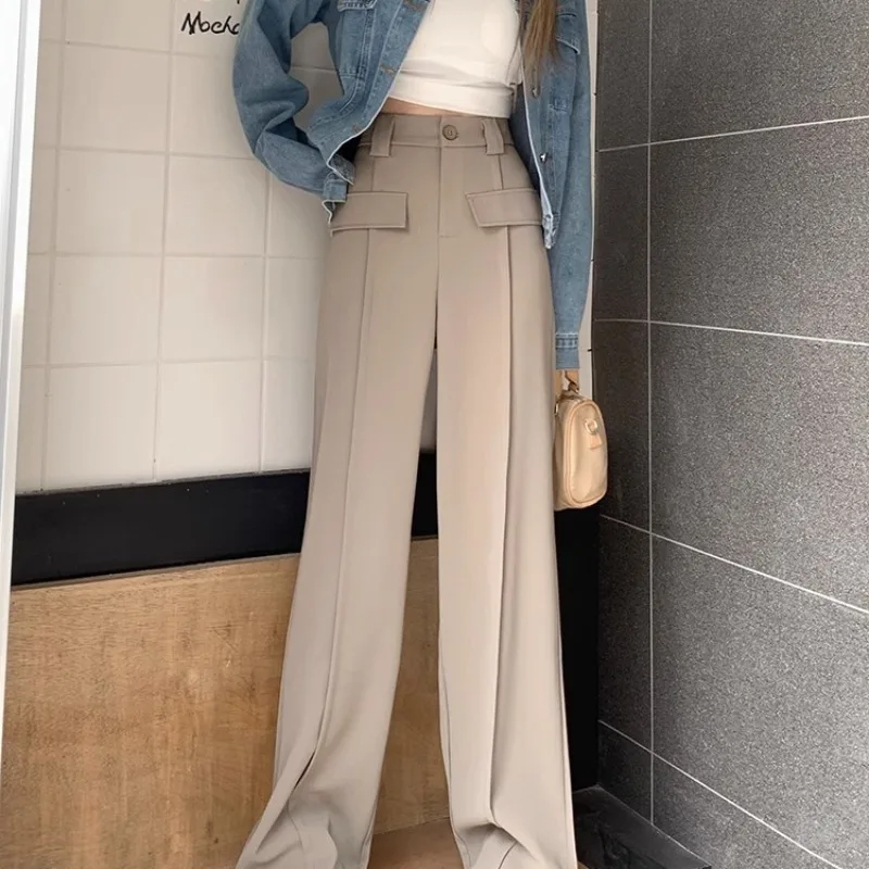 

Spring and Autumn Women's Solid Button Plus Size High Waist Loose Wide Leg Suit Pant Fashion All Match Commute Trousers